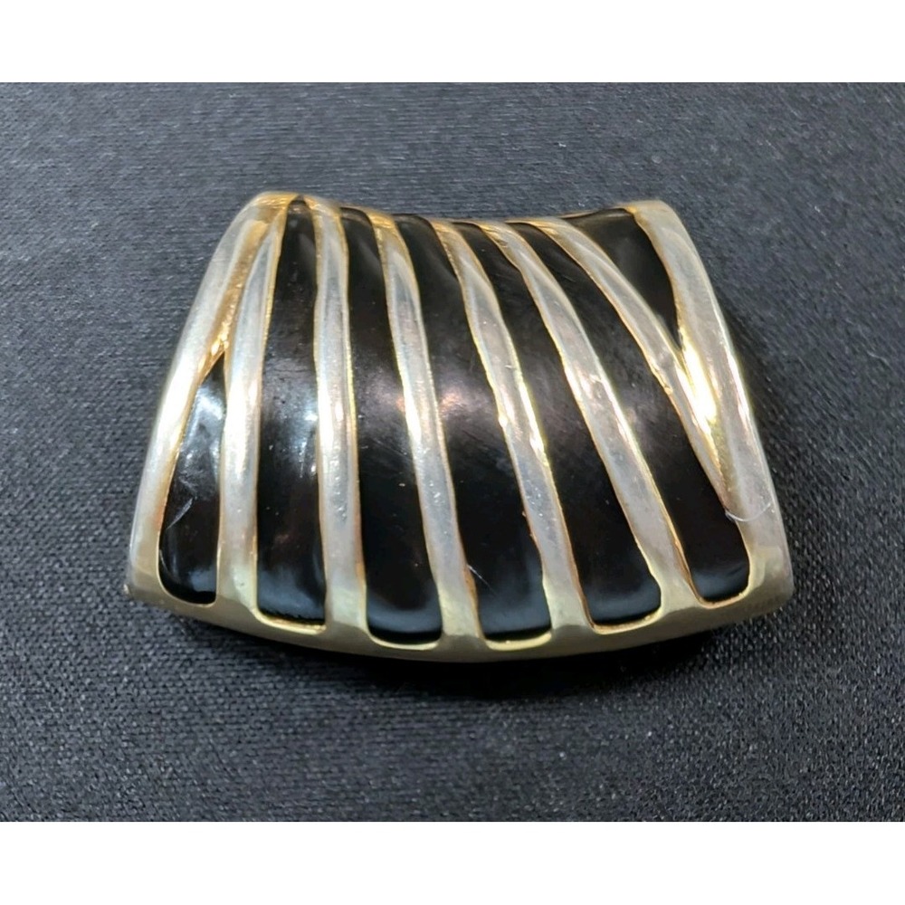 Vintage 1980s Gold Tone Black Enamel Scarf Holder Slide – Modernist Ribbed...